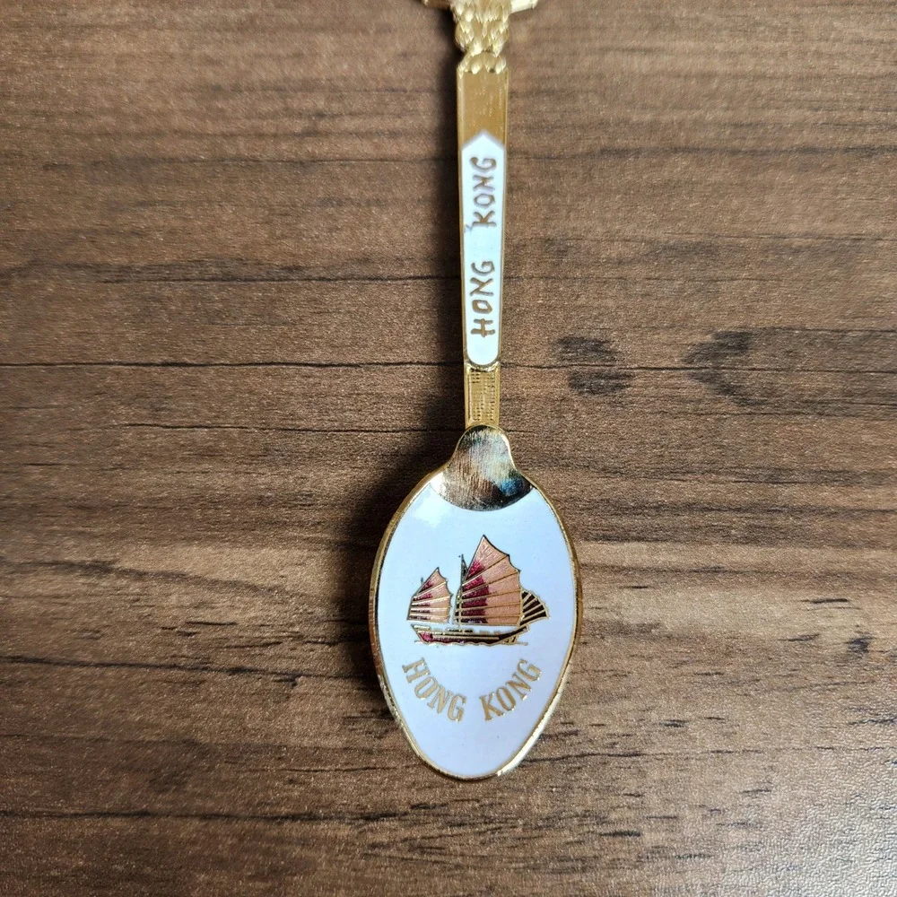 Vintage Hong Kong Souvenir Spoons Gold Tone Set of 2 Black White